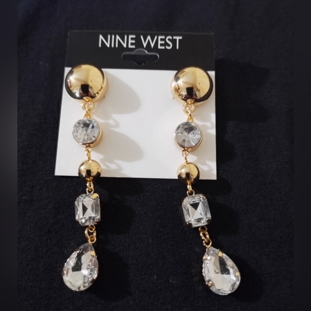Nine West Gold & Bejeweled Dangle Earrings